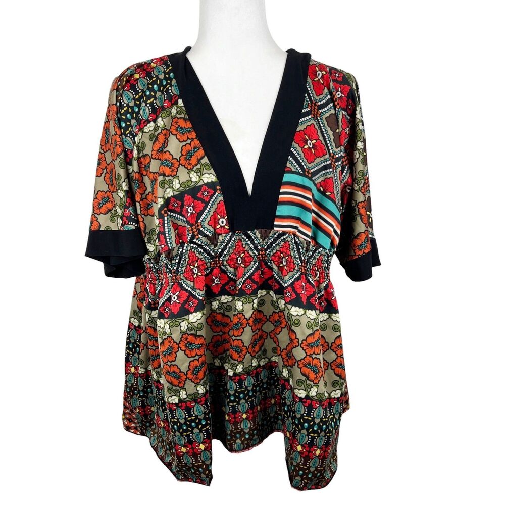 Gemstone Blouse Women Medium V-Neck Fit Flare Kimono Sleeve Boho Relaxed Casual